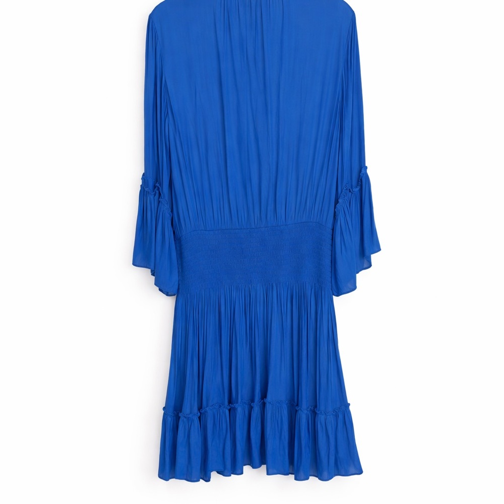 Halston Heritage Blue Silk Chiffon Smocked Waist Mini Dress Large Boho Ruffle - Picture 4 of 4